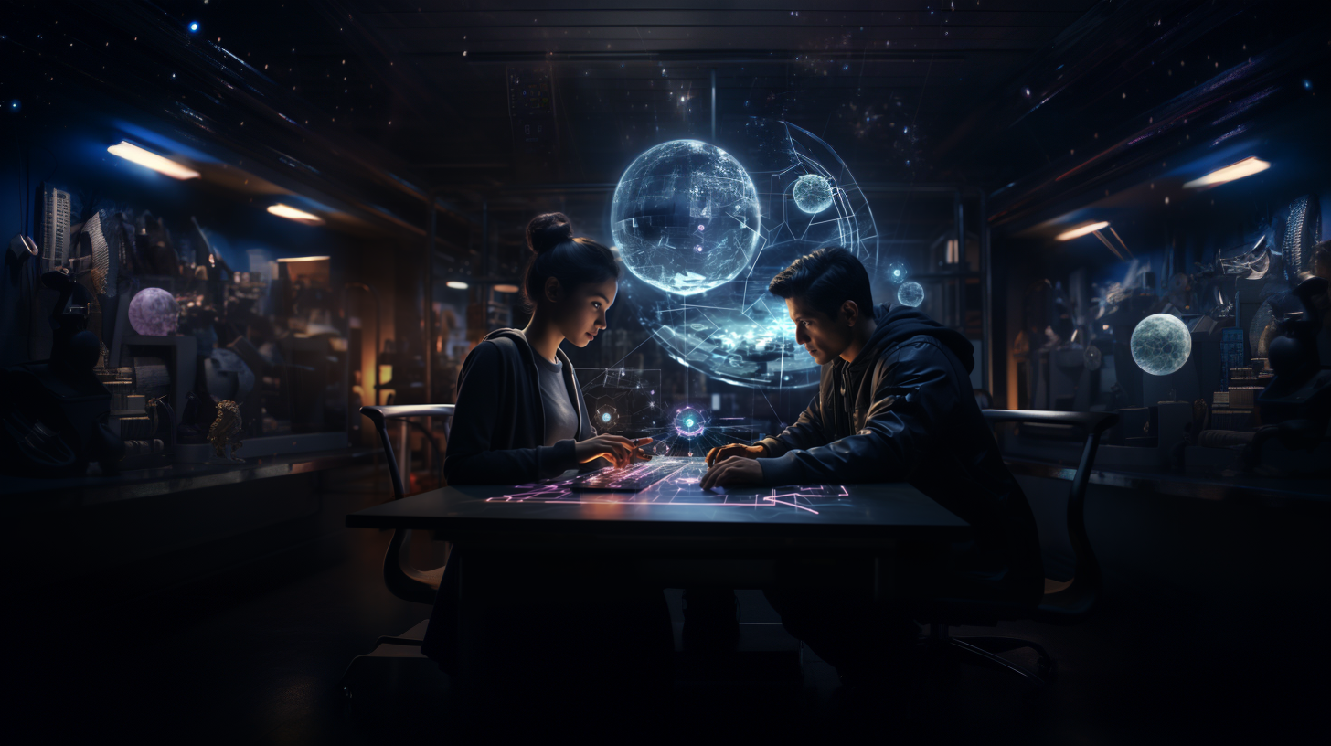 Two creators at a holographic table — Coherent Reality